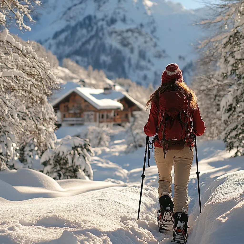 A woman snowshoes through a snowy, mountainous landscape.  She wears a red jacket and backpack, and uses trekking poles.  A rustic wooden chalet is visible in the mid-ground, nestled amongst snow-covered trees.  The sun illuminates the scene, highlighting the fresh snow and the vast, snow-capped mountains in the background.  The overall atmosphere is serene and wintery.
