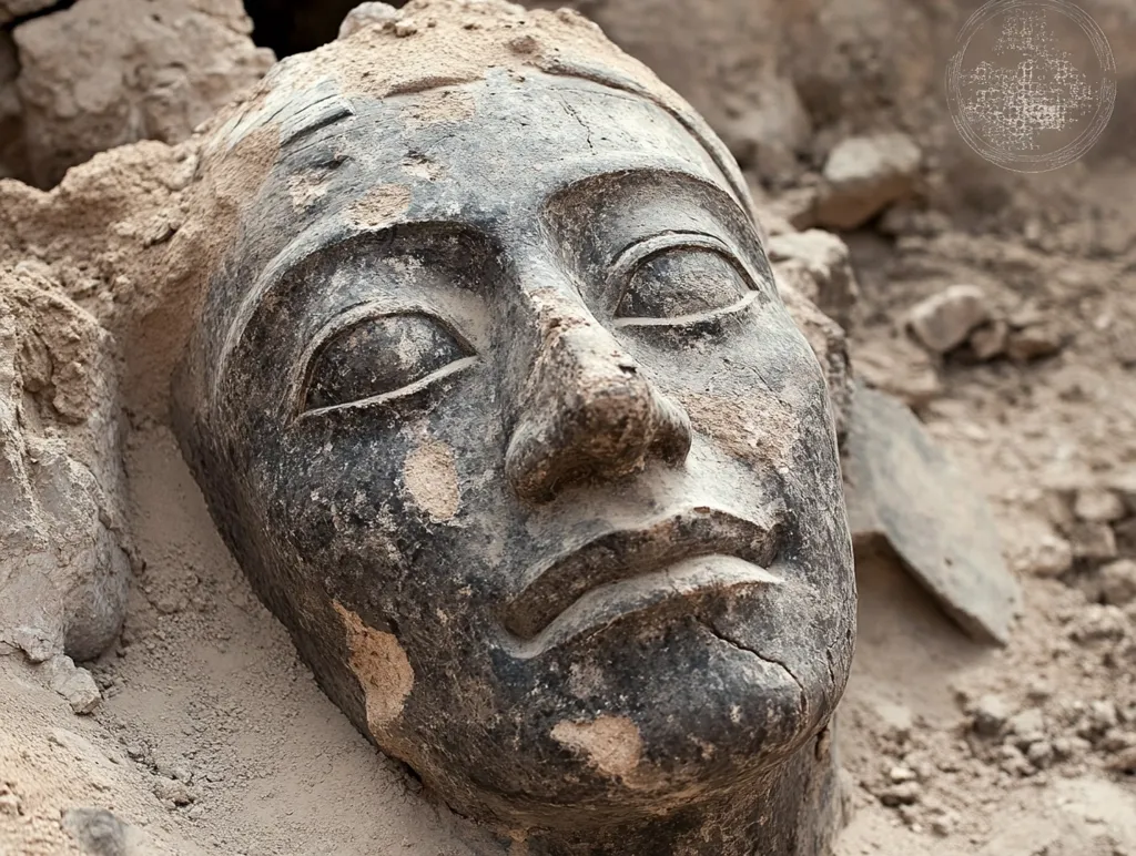Here is a description of the image:

The photograph shows a weathered, dark grey stone head, partially unearthed from sandy soil. The head, possibly a statue or part of a larger sculpture, is of a person with serene features: closed eyes, a straight nose, and slightly downturned lips. The stone is heavily eroded, with visible cracks and patches where the surface has worn away, revealing a rougher texture underneath.  The surrounding earth suggests an archaeological dig site, with loose soil and small rocks visible around the head. The overall impression is one of age, history, and the delicate process of uncovering ancient artifacts.
