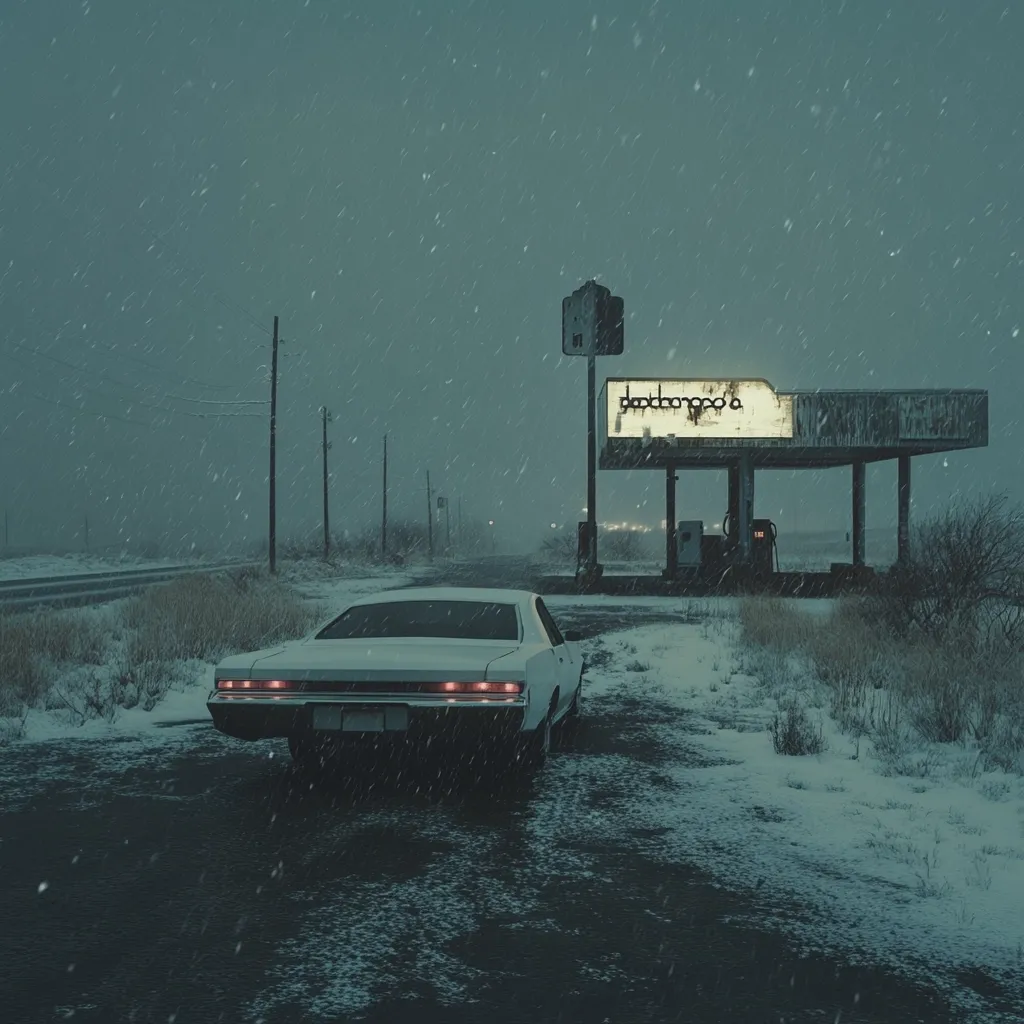 A white classic car sits parked at a deserted gas station in a snowstorm. The gas station is old and weathered, its sign displaying illegible text.  The scene is desolate and moody, with a dark, overcast sky and falling snow blanketing the landscape.  The car's tail lights are faintly visible, contrasting with the muted greys and blues of the snowy night.  A sense of loneliness and isolation pervades the image.