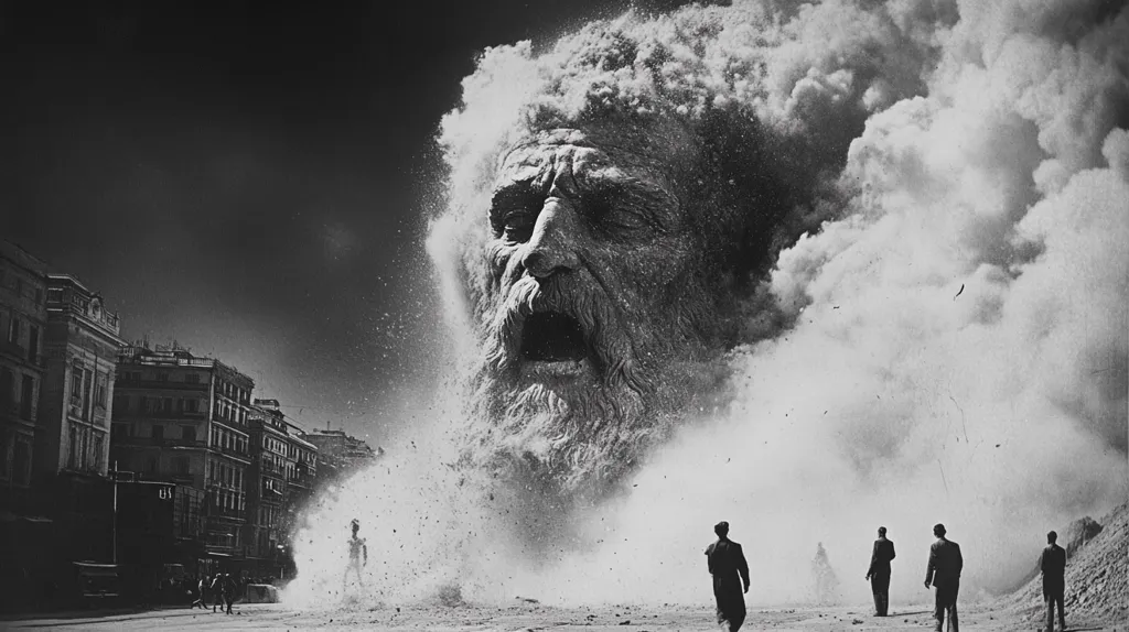 A black and white image depicts a colossal, weathered face emerging from a dust cloud.  The face, possibly sculpted from stone or earth, is that of an old man with a long beard, its mouth open in a silent scream.  The dust billows around the face, obscuring its lower half and creating a dramatic, almost apocalyptic atmosphere.  In the foreground, several small figures, dwarfed by the massive head, appear to observe the scene on a city street, creating a powerful sense of scale and awe, or possibly impending doom.