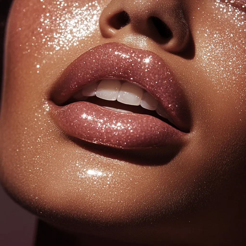 Close-up view of a woman's mouth and lower face, adorned with shimmering, light gold glitter.  Her lips are full and glossy, a mauve-pink shade with subtle glitter embedded in the lip gloss. The light catches the high points of the skin, emphasizing the texture and sparkle. The overall impression is one of glamour and luxurious makeup.