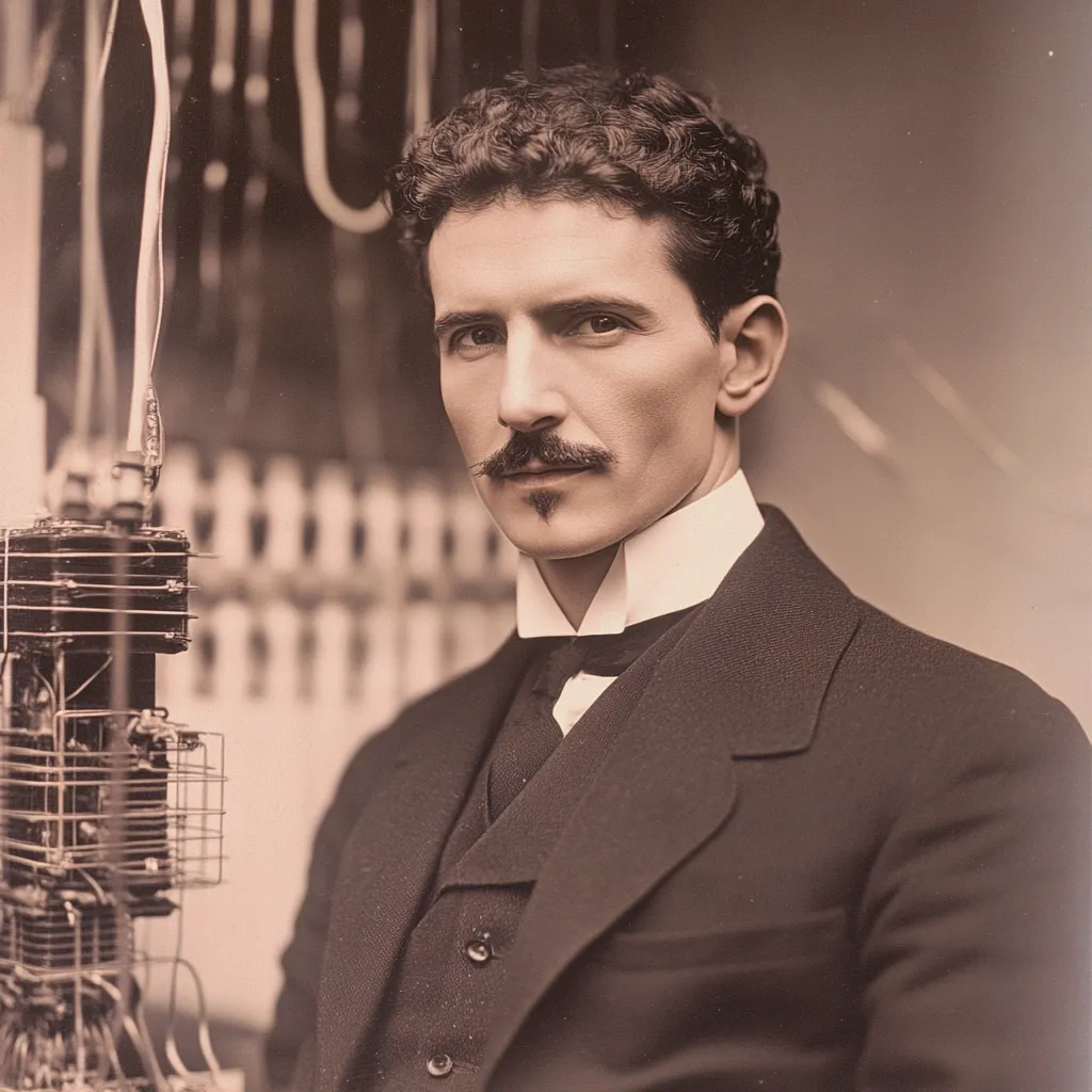 Here's a description of the image:

The sepia-toned photograph shows Nikola Tesla, a renowned inventor, in a close-up portrait.  He's dressed in a formal dark suit with a crisp white collared shirt and a dark tie, suggesting a professional setting. His dark, curly hair is neatly styled, and he sports a prominent mustache.  Tesla's gaze is direct and serious.  In the blurred background, part of an electrical apparatus or machine is visible, hinting at his work with electricity.  The overall mood is one of quiet intensity and intellectual prowess.