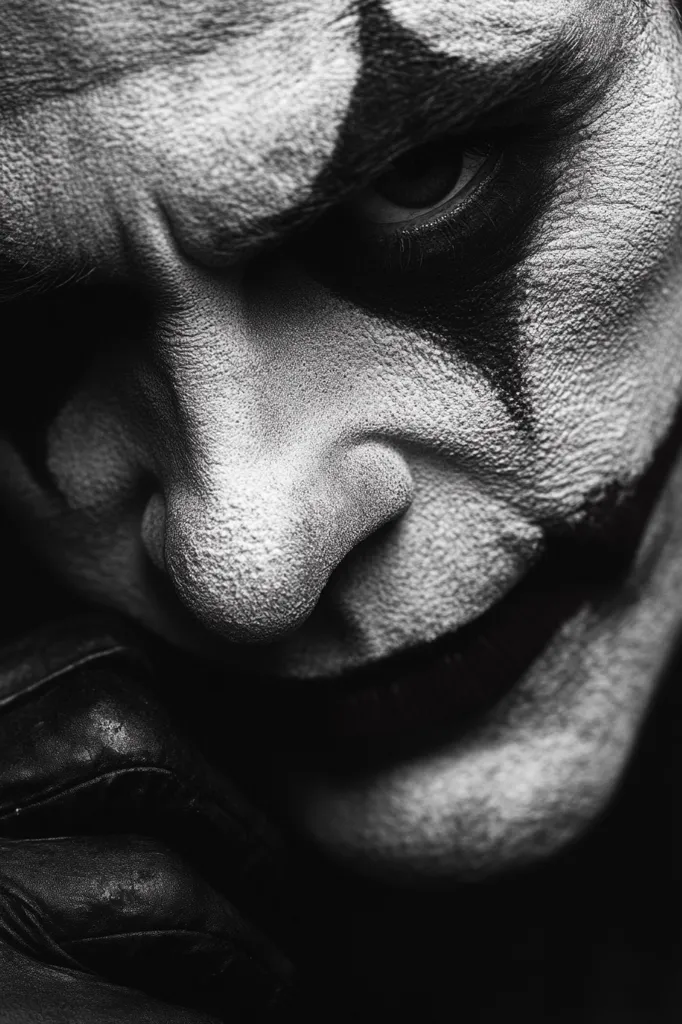 Here's a description of the image:

The black and white close-up photograph features a person's face, heavily made up to resemble a sinister clown.  The makeup emphasizes dark eyes, a furrowed brow, and a subtly twisted, almost menacing smile. The texture of the skin is visible, enhancing the unsettling effect. A portion of a black leather glove is visible in the lower left, resting against the person's cheek, adding to the mysterious and potentially dangerous mood. The overall impression is one of darkness and foreboding.