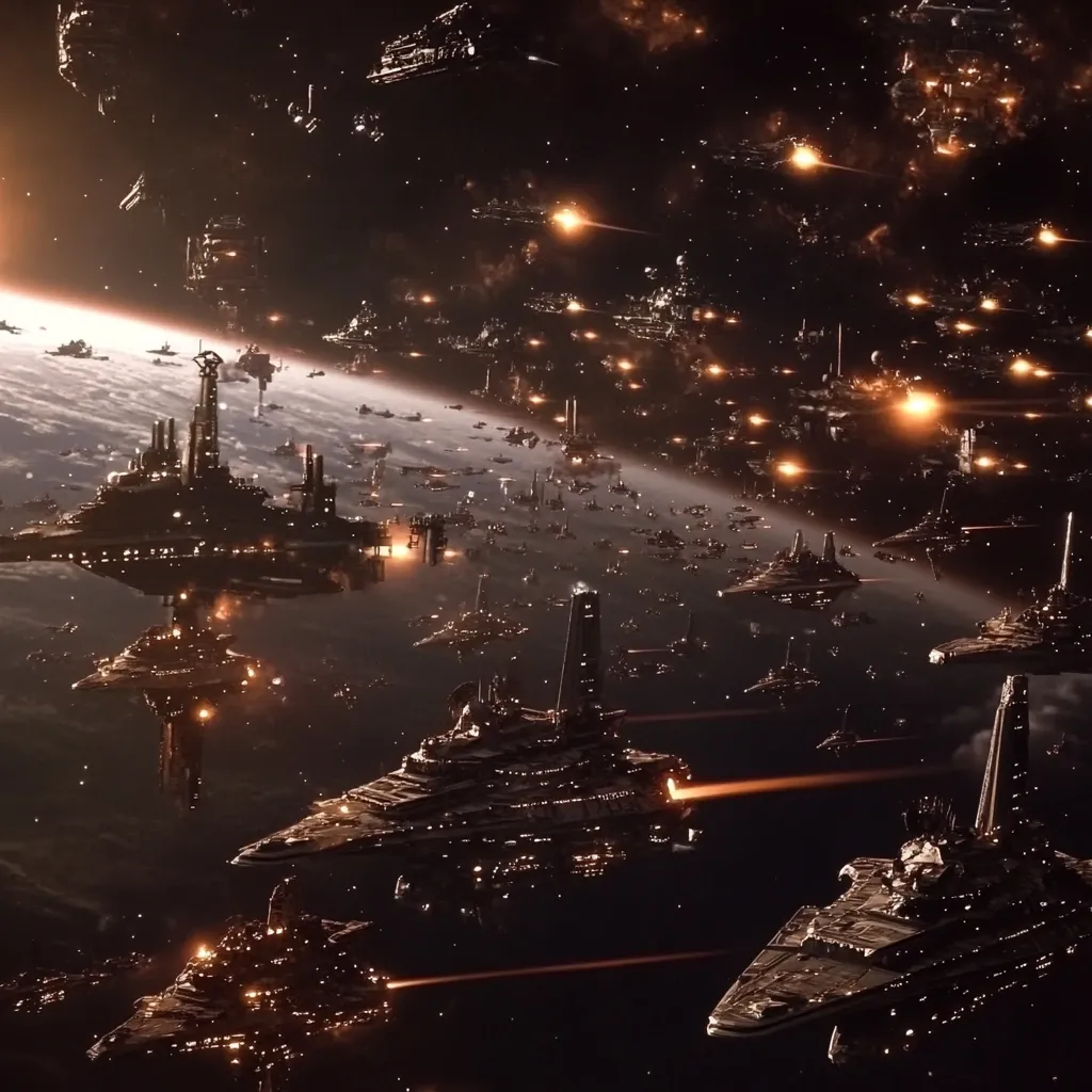 A massive space battle unfolds near a planet.  Thousands of warships, ranging from small fighters to colossal capital ships, engage in intense combat.  Energy blasts streak across the darkness, illuminating the vast fleet.  The scene is chaotic yet organized, suggesting a coordinated, large-scale conflict between powerful spacefaring forces. The planet below appears dimly lit, dwarfed by the enormity of the space battle above.
