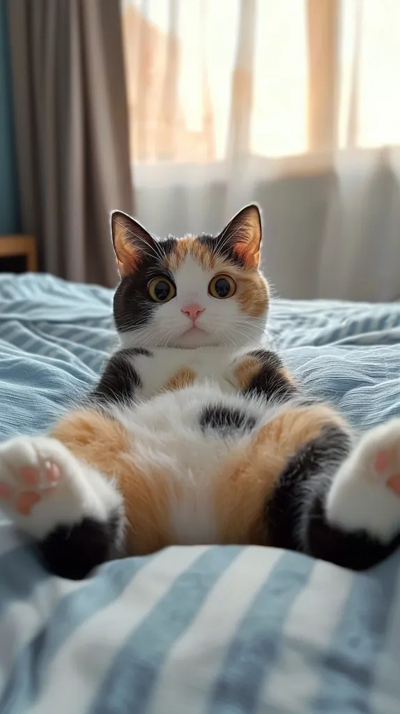 Here's a description of the image:

A calico cat, predominantly white with patches of orange and black, lies on its back on a blue and white striped bedspread.  Its paws are splayed out to the sides, and its large, round eyes stare directly at the camera with a surprised or curious expression. The cat's belly is fully visible, and its fur appears soft and fluffy. The background is slightly blurred but shows a room with curtains and a hint of a window. The overall impression is one of cute, relaxed domesticity.