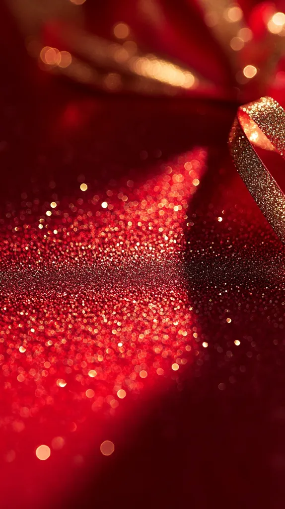 Here's a description of the image:

The image is a close-up shot of a rich, red, glitter-covered surface.  A gold, glittery ribbon is draped across the texture, creating a diagonal line. The background is blurred, with out-of-focus bokeh creating a sparkling effect, enhancing the overall luxurious and festive feel.  The red and gold combination suggests celebration, possibly related to Christmas or Valentine's Day.  The focus is primarily on the central area where the ribbon and glitter most intensely meet.
