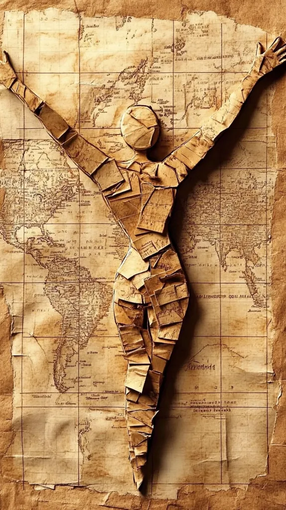 A captivating artwork depicts a human figure constructed from fragmented pieces of an antique world map.  The figure's arms are outstretched, suggesting a sense of exploration or embrace. The sepia tones and textured paper create a vintage aesthetic, emphasizing the journey and passage of time. The map's faded script and geographical details subtly enhance the narrative of global discovery.  The composition is striking, merging the human form with historical cartography.