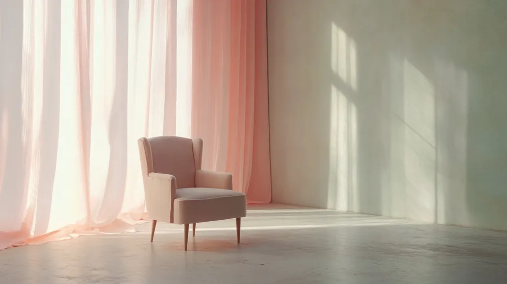 A pale pink armchair sits in a sunlit room.  Sheer curtains, transitioning from white to a soft peach, hang at the window, creating a gentle, diffused light. The room is minimalist, with pale walls reflecting the sunlight's shadows. The overall ambiance is serene and calm, suggesting a space of quiet contemplation or relaxation. The floor is a smooth, light-colored concrete.