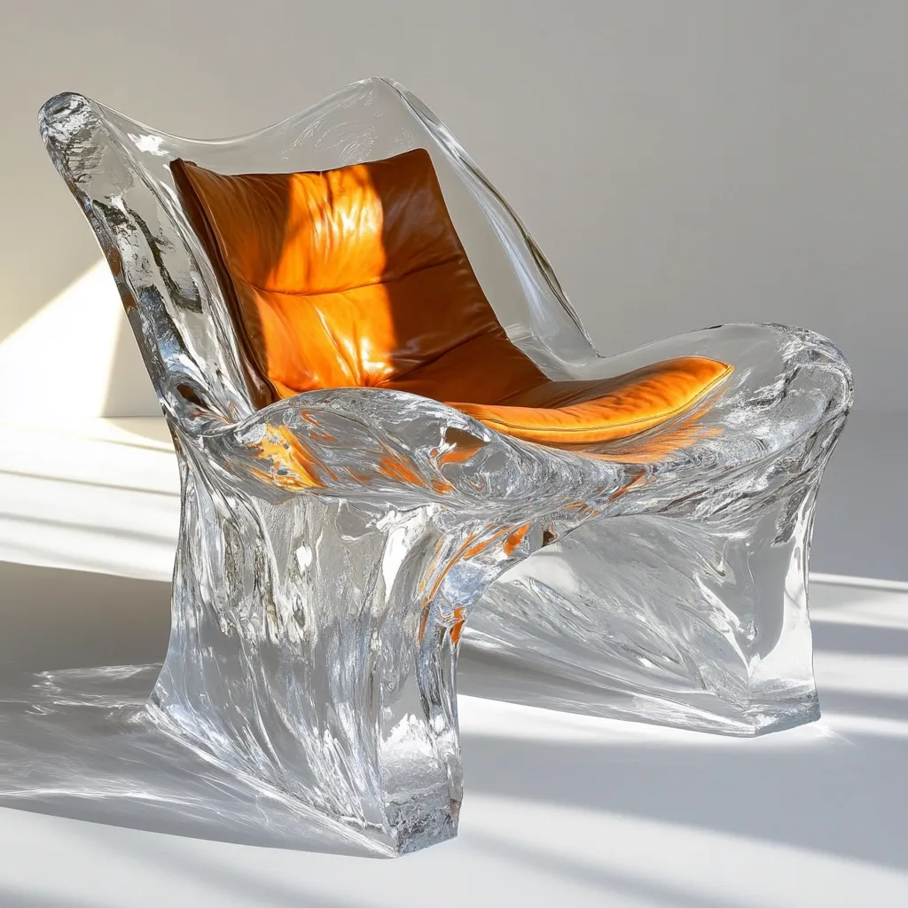 Here's a description of the image:

The photograph showcases a modern armchair crafted from clear, sculpted resin, giving the illusion of frozen liquid.  The chair's form is organic and fluid, with irregular curves and flowing lines.  A rich, burnt orange leather cushion sits within the resin frame, providing a striking contrast against the transparency of the chair.  The lighting highlights the chair's texture and form, casting shadows that emphasize its sculpted nature. The overall effect is one of both elegance and striking modernity.