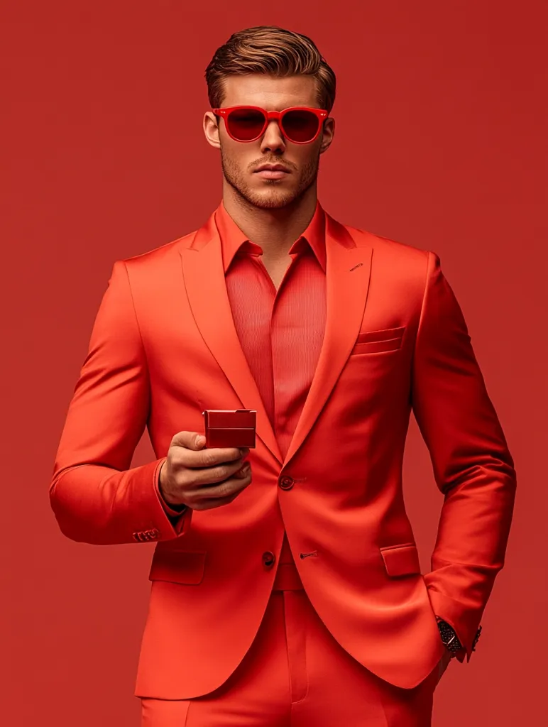 A stylish man in a vibrant red suit and matching shirt holds a small red box. He wears red sunglasses and has neatly styled light brown hair.  The background is a solid red, creating a monochromatic and bold image. His expression is serious and his pose suggests a confident, possibly romantic, intention, possibly hinting at a proposal. The overall effect is one of sophisticated style and dramatic intensity.