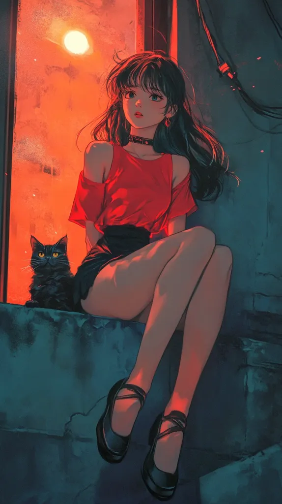 Here's a description of the image:

The illustration depicts a young woman with long dark hair, seated on a ledge in a dimly lit setting. She's dressed in a red off-shoulder top and a dark skirt, complemented by black Mary Jane shoes.  A black cat sits beside her. The background features a window showcasing a vibrant orange sunset or sunrise. The overall mood is melancholic and slightly mysterious, enhanced by the contrast between the warm tones of the sky and the cool shades of the environment. The style is reminiscent of anime or manga art, with a focus on soft lines and a painterly texture.