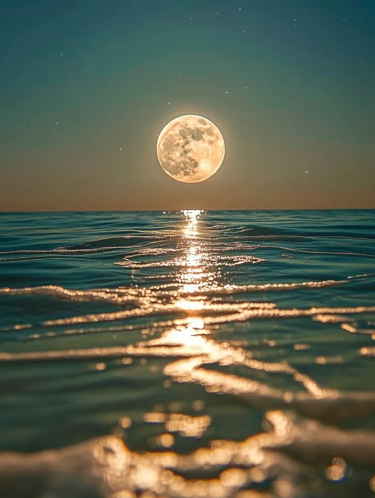 A breathtaking view of a large, full moon hanging low over a tranquil ocean.  The moon's golden light reflects beautifully on the gently rippling water, creating a shimmering path across the surface.  A few scattered stars are visible in the dusky twilight sky, enhancing the serene and magical atmosphere. The scene evokes a sense of peace and tranquility.
