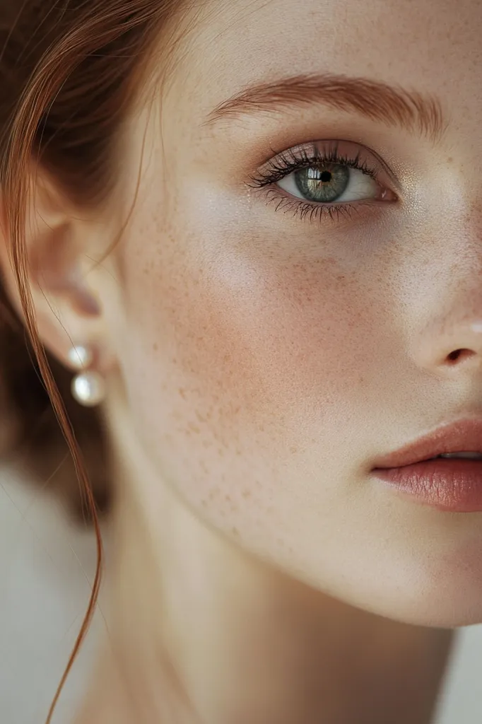 Close-up of a young woman's face, showcasing her light skin with freckles,  green eyes, and subtly defined eyebrows.  Her red hair is partially visible. She wears small pearl earrings. The lighting is soft and emphasizes her natural beauty.  The focus is on her eye and cheek, creating a delicate and intimate portrait. The image has a soft, ethereal quality.