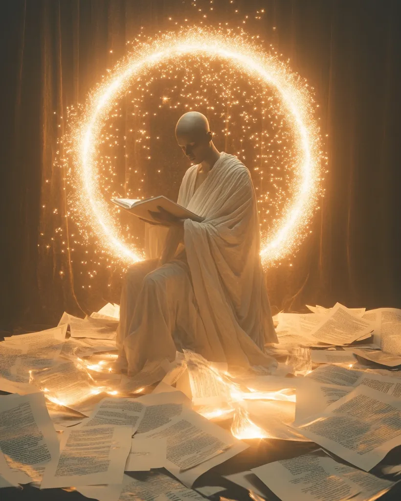A bald, serene figure, cloaked in flowing white robes, sits within a radiant golden ring of light.  They are engrossed in reading an open book, surrounded by a sea of illuminated papers. The scene is ethereal and mystical, suggesting a profound connection to knowledge and wisdom, possibly a scholar or spiritual leader enlightened by their studies.  The overall effect is one of peace and spiritual illumination.