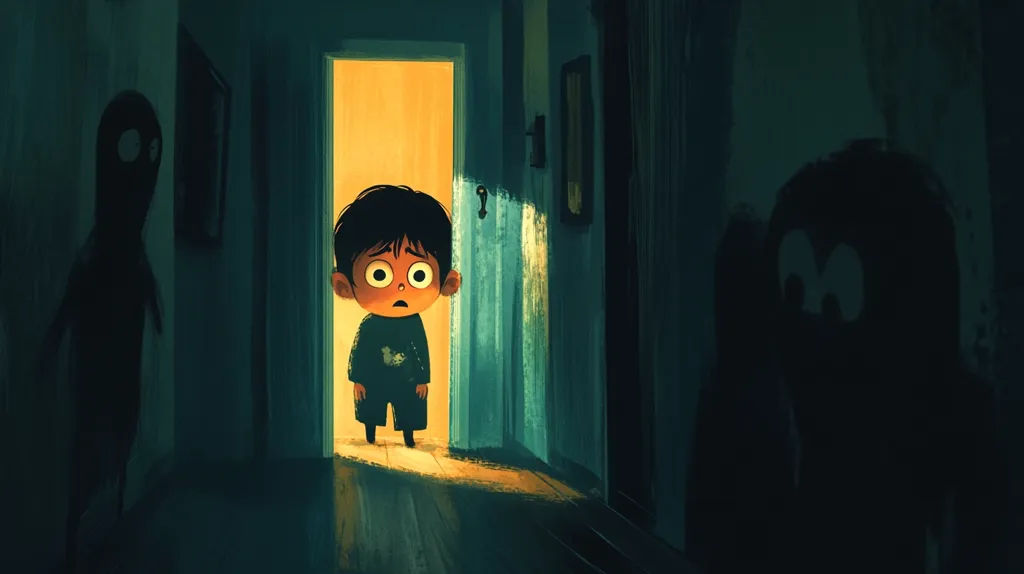 The illustration depicts a young boy, wide-eyed and apprehensive, standing in a dimly lit hallway.  He's positioned near a doorway emanating a warm yellow light, contrasting sharply with the cool, shadowy tones of the hallway.  Two looming, dark, vaguely humanoid figures flank him, adding to the unsettling atmosphere. The overall style is painterly, with soft brushstrokes contributing to a dreamlike, slightly eerie mood. The scene suggests a feeling of fear, loneliness, or a child's imagination running wild.