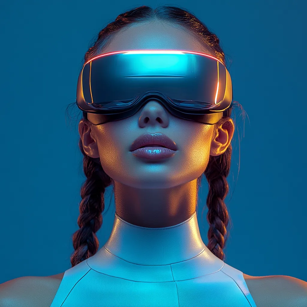 A young woman with dark braided pigtails wears a futuristic VR headset.  The headset is sleek and dark, with a vibrant orange and blue light emanating from within. Her expression is serene and slightly mysterious, her face illuminated by the headset's glow against a deep blue background. The image evokes a sense of technological advancement and the immersive possibilities of virtual reality.  She is dressed in a high-necked, light-colored bodysuit, adding to the futuristic aesthetic.