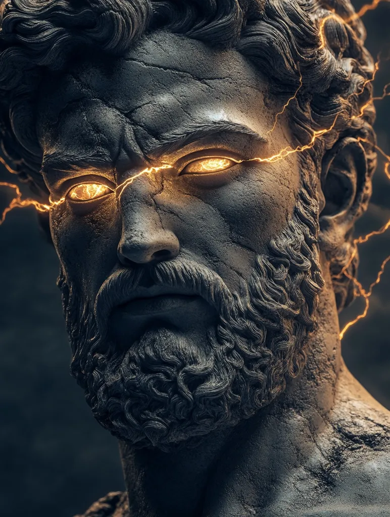 Here's a description of the image:

The image is a close-up of a digitally rendered bust, seemingly sculpted in dark stone or metal, depicting a powerful, bearded man with a stern expression.  His eyes glow with an inner, fiery light, and cracks resembling lightning bolts course across his face, adding a dramatic, almost supernatural quality. The style is reminiscent of classical Greek sculpture, but imbued with a modern, otherworldly aesthetic due to the glowing eyes and electric cracks. The overall effect is one of intense power and contained energy, hinting at a mythical or god-like figure.