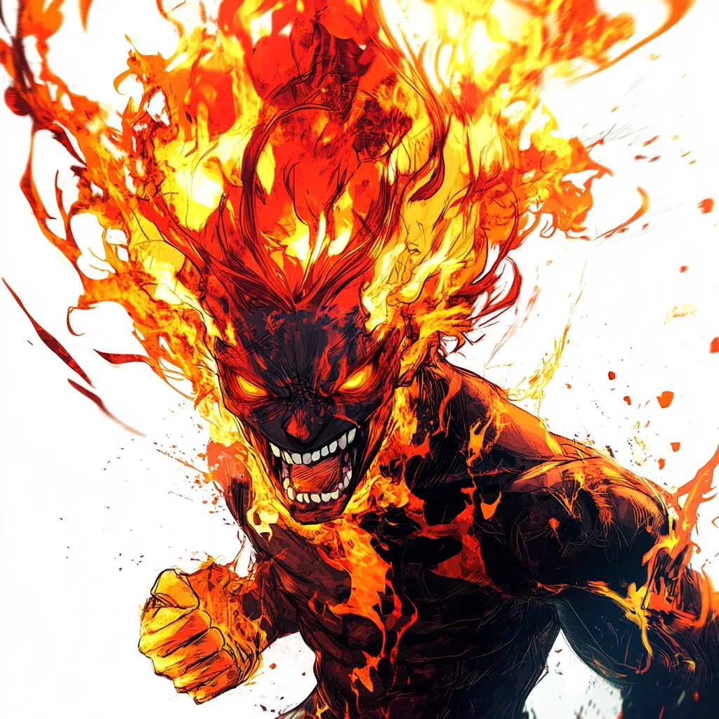 Here is a description of the image:

The image depicts a stylized, possibly digital painting of a humanoid figure engulfed in intense flames. The figure's face is contorted in a ferocious roar, eyes blazing with fiery energy.  The flames are a vibrant mix of orange and red, with hints of yellow and black, suggesting immense heat and power.  The overall style is dynamic and energetic, with the flames extending outwards in a chaotic yet controlled fashion, creating a powerful and visually striking composition. The figure’s musculature is visible beneath the fiery surface, hinting at strength and aggression.  The background is predominantly white, further highlighting the fiery figure.