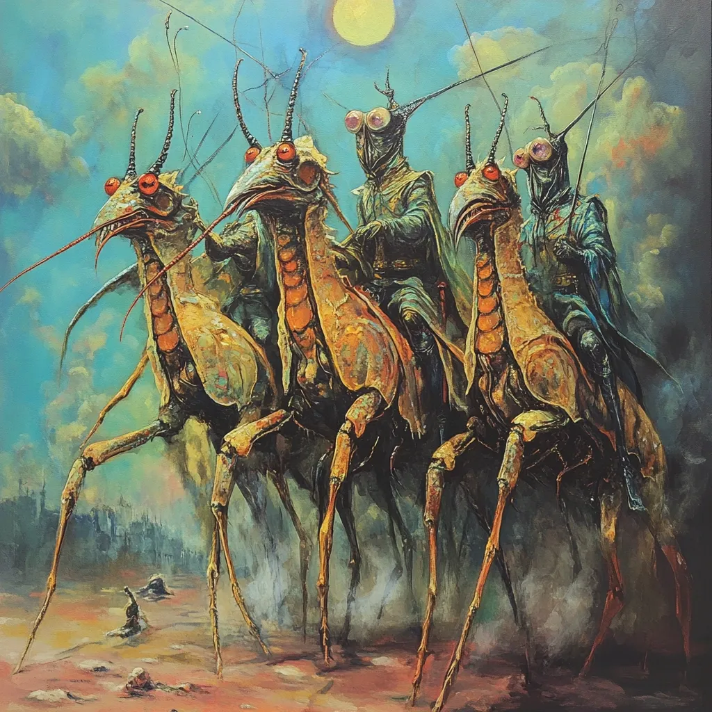 Here is a description of the image:

The painting depicts a surreal scene of four insectoid creatures riding equally bizarre, elongated, insect-like mounts. The riders wear dark, flowing robes and helmets with multiple eyes. Their mounts possess long, spindly legs and segmented bodies, suggesting a mantis or grasshopper-like anatomy. The creatures are moving across a dusty, desolate landscape under a pale yellow sun, with hints of a distant city or ruins visible in the background. The overall style is fantasy, with a strong emphasis on texture and a slightly unsettling atmosphere. The painting is rich in color, with muted greens, browns, and oranges dominating the palette.