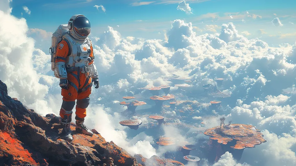 An astronaut in an orange and white spacesuit stands on a rocky precipice overlooking a surreal landscape.  Below, a sea of fluffy white clouds obscures a vista of strange, mushroom-shaped rock formations jutting from the clouds. The sky is a bright, clear blue, enhancing the otherworldly atmosphere of the scene. The astronaut appears small against the vast, awe-inspiring expanse, highlighting the scale and mystery of this alien world.