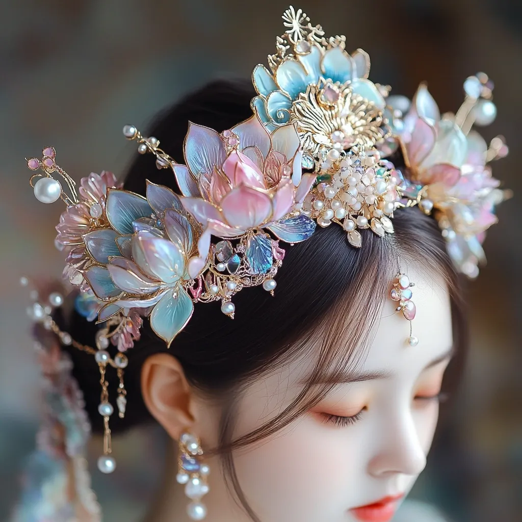 A young woman wears a stunning, elaborate headdress.  The crown-like ornament features pastel pink and blue lotus flowers crafted from iridescent material, accented with gold detailing, pearls, and crystals.  Delicate, dangling elements extend from the sides. The overall effect is ethereal and elegant, suggesting a fantasy or bridal style.  She also wears matching earrings, completing the exquisite look.