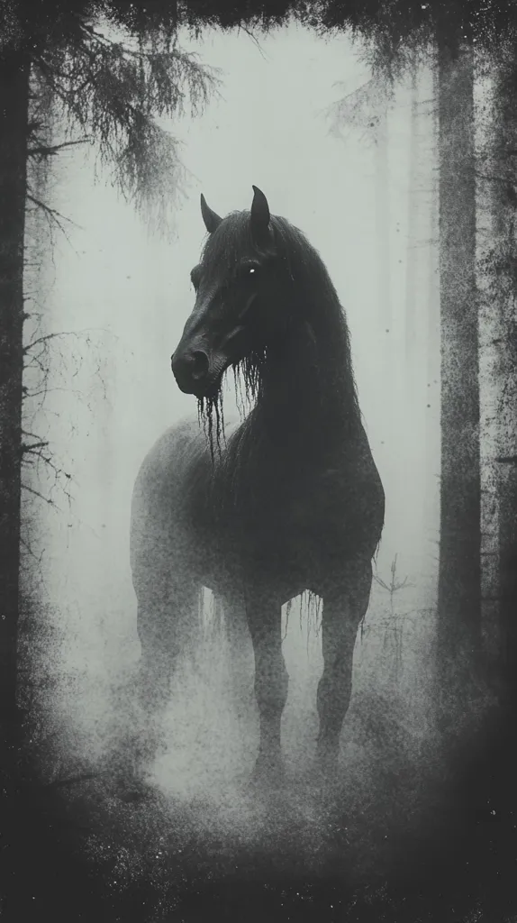 A black horse, seemingly drenched, stands in a misty, dark forest.  The monochrome palette enhances the eerie atmosphere, with the horse's form partially obscured by the fog. Tall, slender trees surround it, creating a sense of isolation and mystery.  The image has a textured, almost painterly quality, adding to its dreamlike, slightly unsettling feel.  The overall mood is dark, brooding, and evocative.