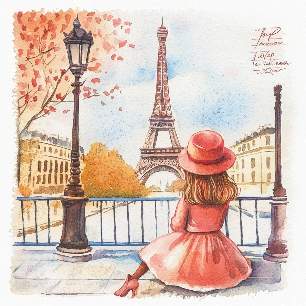 A watercolor painting depicts a woman in a coral-colored coat and hat sitting on a Parisian bridge, gazing at the Eiffel Tower.  Autumn leaves drift around an ornate lamppost beside her. The Parisian cityscape, with its characteristic buildings, forms a charming backdrop.  The overall style is romantic and whimsical, with a soft color palette that evokes a sense of tranquility. The artwork features a delicate, almost ethereal quality, characteristic of watercolor painting.