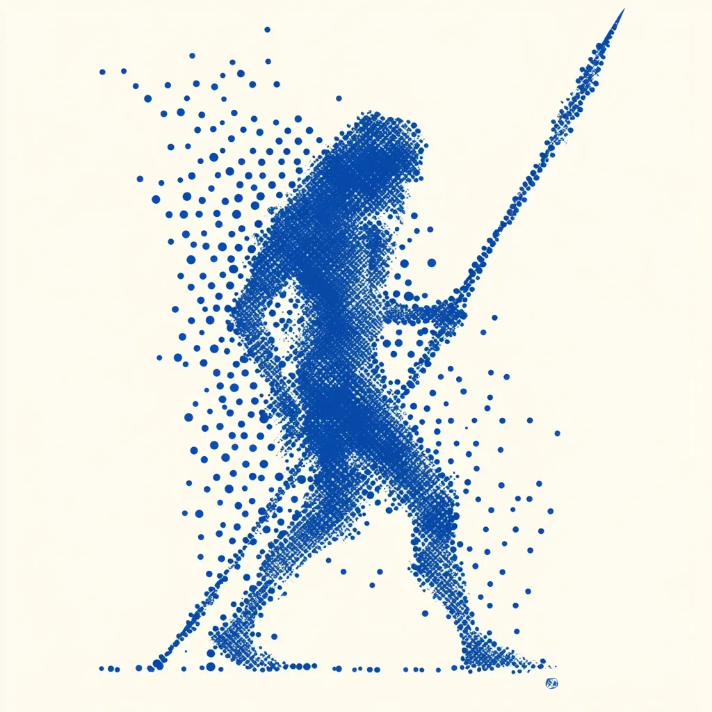 The image is a stylized depiction of a hunter or warrior, possibly from a prehistoric era. The figure is rendered in a blue halftone pattern, giving it a slightly fragmented, almost digital appearance. They hold a long spear, suggesting hunting or combat. The background is a cream or off-white color, contrasting sharply with the blue figure. The overall style is minimalist and evocative, implying movement and action. The use of dots suggests a connection to primitive art or a digital aesthetic.
