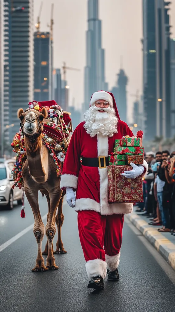 Santa Claus, with a jolly expression, walks down a city street carrying a stack of presents. He's accompanied by a camel laden with Christmas decorations, creating a unique festive scene. Tall skyscrapers form a striking backdrop, suggesting an unconventional Christmas setting, possibly in a Middle Eastern city.  Spectators line the street, observing the unusual Christmas parade.  The image blends traditional Christmas imagery with an unexpected, exotic environment.