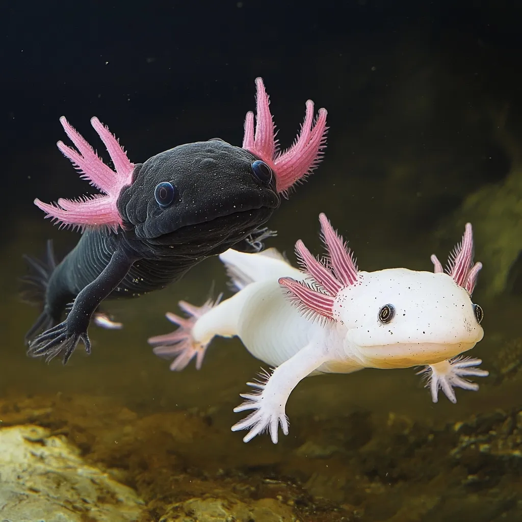 Here's a description of the image:

The photograph showcases two axolotls, aquatic salamanders, in striking contrast.  One is a deep black with vibrant pink external gills, while the other is pure white, also featuring the same pink gill filaments.  Both axolotls are in sharp focus, their feathery gills and expressive eyes clearly visible against a softly blurred background of underwater rocks and sediment. The lighting is subtly dramatic, highlighting the creatures' textures and colors. The overall composition creates a captivating, almost surreal, view of these unique amphibians.
