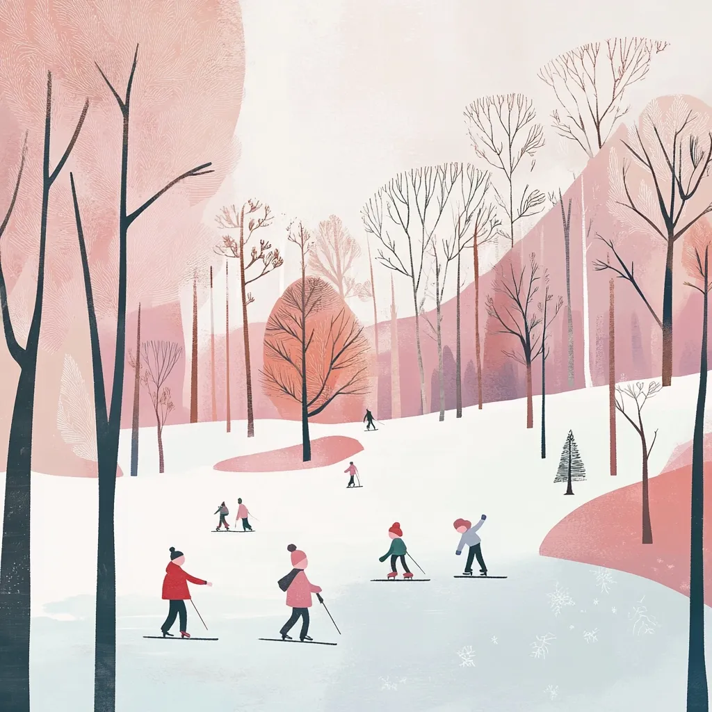 Here's a description of the image:

The illustration depicts a serene winter scene in a pale pink and gray color palette.  Several figures cross-country ski across a snow-covered landscape, amidst a grove of stylized, leafless trees. The trees are rendered with minimalist details, giving a sense of quietude. The overall style is subtly whimsical, with a soft, dreamlike quality. A faint blush of pink permeates the background, enhancing the peaceful atmosphere.  The snow appears smooth and undisturbed, except for the faint tracks of the skiers. A few small snowflakes are scattered on the ground, adding to the wintery feel.