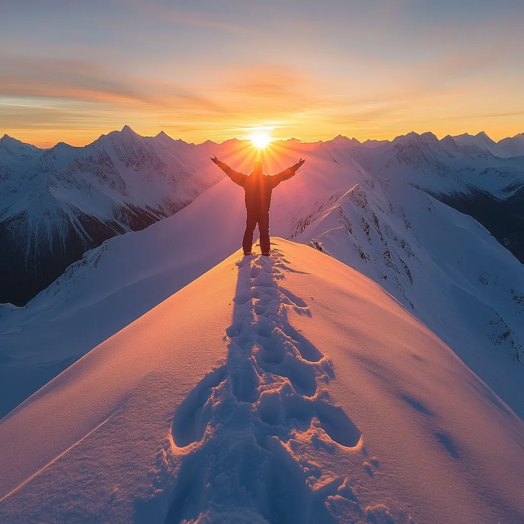 A lone figure stands triumphantly atop a snow-covered mountain peak, arms outstretched towards a vibrant sunset. The sun's rays illuminate the snow-capped peaks of a vast mountain range, casting a warm, orange glow across the landscape.  Footprints trail behind the figure, marking their journey to the summit. The scene evokes a feeling of accomplishment and the breathtaking beauty of nature.