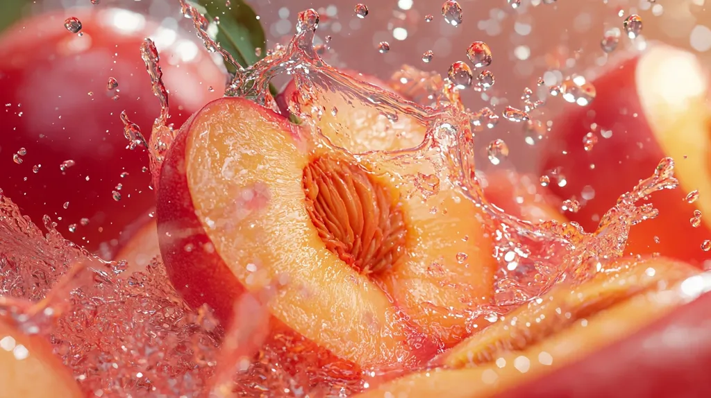 Here's a description of the image:

A close-up shot captures the vibrant essence of juicy peaches submerged in water.  A halved peach, revealing its succulent flesh and pit, is central, surrounded by whole peaches. Water droplets and splashes dynamically surround the fruit, creating a sense of freshness and movement. The peaches' colors range from deep red to pale orange, highlighting their ripeness.  The overall image is bright, saturated, and evokes a feeling of summer and healthy refreshment.