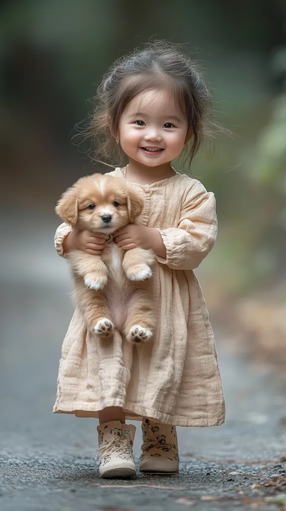 A young girl, with dark hair pulled back, beams at the camera while cradling an adorable, fluffy, light brown puppy. She's dressed in a loose, light beige dress and cream-colored boots decorated with a subtle pattern. The background is softly blurred, drawing focus to the heartwarming scene of the child and her pet.  The overall feeling is one of innocence and joy.