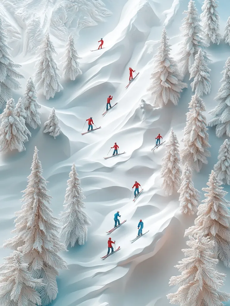 Here's a description of the image:

The image is a stylized, almost abstract depiction of skiers descending a snowy mountain slope.  The snow is sculpted into smooth, undulating forms, giving a minimalist feel.  Small, brightly colored skiers in red and blue outfits are scattered across the slope, creating a sense of movement and scale.  The trees are rendered in a similar simplified style, their white branches contrasting sharply with the white snow, creating a visually engaging scene. The overall effect is serene and slightly surreal.