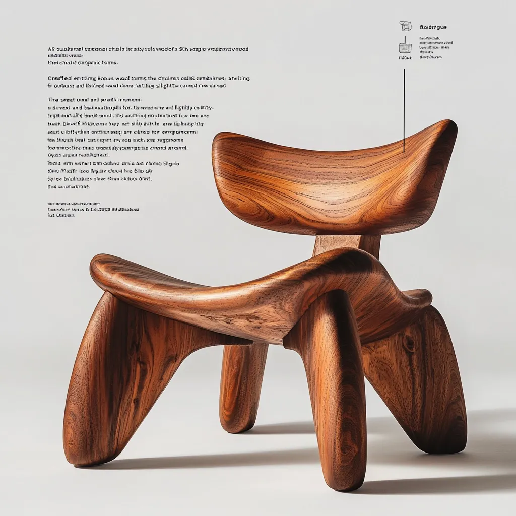 Here's a description of the image in under 100 words:

The image showcases a meticulously crafted wooden chair.  The rich, dark brown wood is highly polished, exhibiting beautiful grain patterns. The chair's design is organic and modern, with smooth, flowing curves in the seat and legs. The chair's form is sculptural, suggesting both comfort and artistic intent.  Accompanying text describes the chair's construction and materials, highlighting its handcrafted nature.