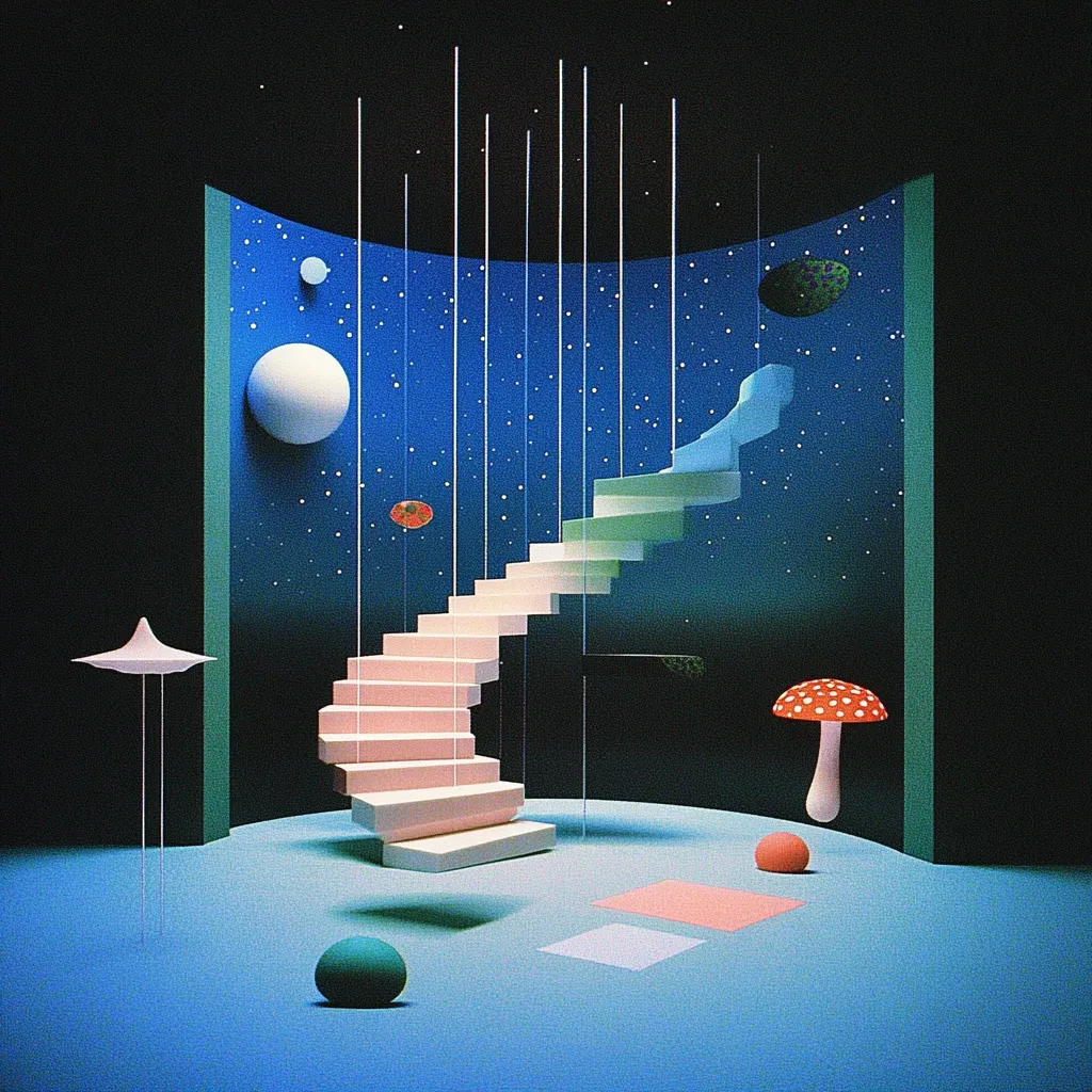 Here's a description of the image:

The image depicts a surreal, minimalist scene. A pastel-pink spiral staircase ascends towards a night sky backdrop adorned with stars and floating celestial bodies.  The scene is contained within a teal-walled, curved structure.  Various abstract objects are scattered across the teal floor:  spheres in teal and red-orange, a simple lamp, and a red-and-white toadstool. The overall aesthetic is reminiscent of 80s synthwave art or a dreamscape, characterized by clean lines, vibrant yet muted colors, and a sense of otherworldly calm.