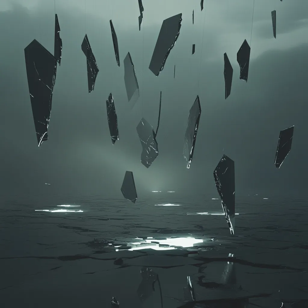 The image depicts a dark, moody scene with numerous shards of dark glass suspended mid-air against a muted grey sky.  They appear to be falling slowly towards a calm, dark grey body of water that reflects the glass fragments. The overall atmosphere is one of quiet desolation and fragility, possibly hinting at destruction or decay.  The lighting is minimal, creating a sense of mystery and unease.