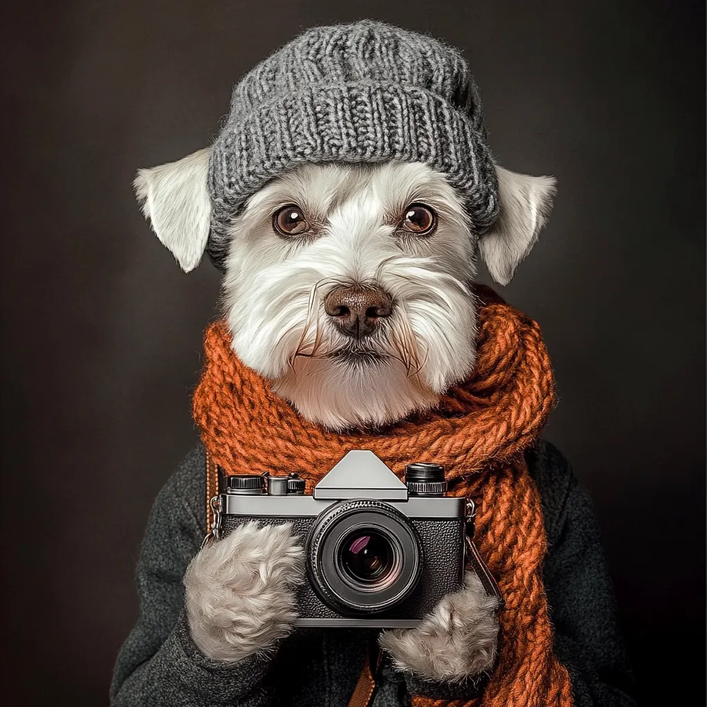 Here's a description of the image:

A fluffy white dog, possibly a miniature schnauzer, is dressed in a grey knitted beanie and an orange scarf.  It's holding a vintage-style 35mm camera, its paws gently cradling the device. The dog looks directly at the viewer with a serious expression, creating a humorous and endearing contrast between its attire and its seemingly professional photographic pose. The background is a dark, neutral tone which makes the dog and its outfit stand out. The overall image is high-quality and well-lit, suggesting a professional photoshoot.