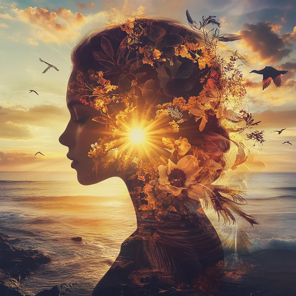 Here's a description of the image:

The image is a surreal, double-exposure photograph or digital art depicting a woman's profile silhouetted against a vibrant sunset over a calm ocean.  Her hair and head are interwoven with autumnal flowers and leaves, creating a radiant crown. The setting sun bursts from within her head, its light illuminating the floral details and casting a warm glow across the scene. Birds fly across a partly cloudy sky, adding to the serene, dreamlike atmosphere. The overall effect evokes feelings of peace, inner beauty, and the interconnectedness of nature and humanity.