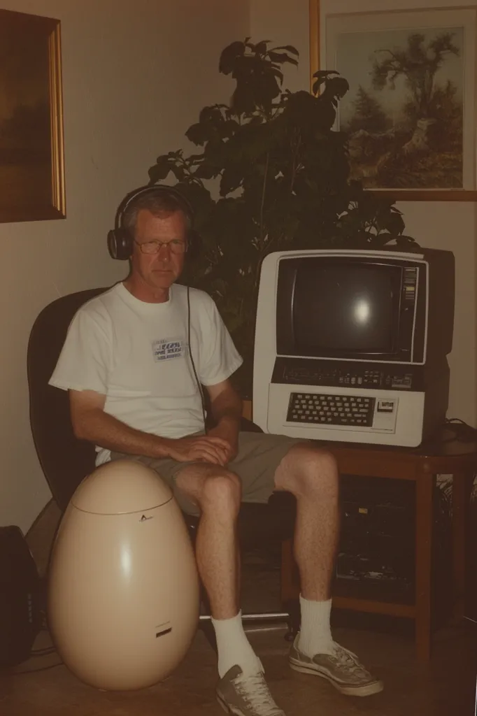 Here's a description of the image:

The photo shows a man, wearing headphones and a light-colored t-shirt, seated in a black chair in front of an older model computer with a built-in monitor.  He's wearing khaki shorts and white socks with sneakers. A large, light beige egg-shaped object sits beside him.  Behind him, a large plant is visible, and framed pictures hang on the wall. The setting appears to be a home office or den, with a dark wooden side table holding the computer. The overall atmosphere is calm and reminiscent of the 1980s.