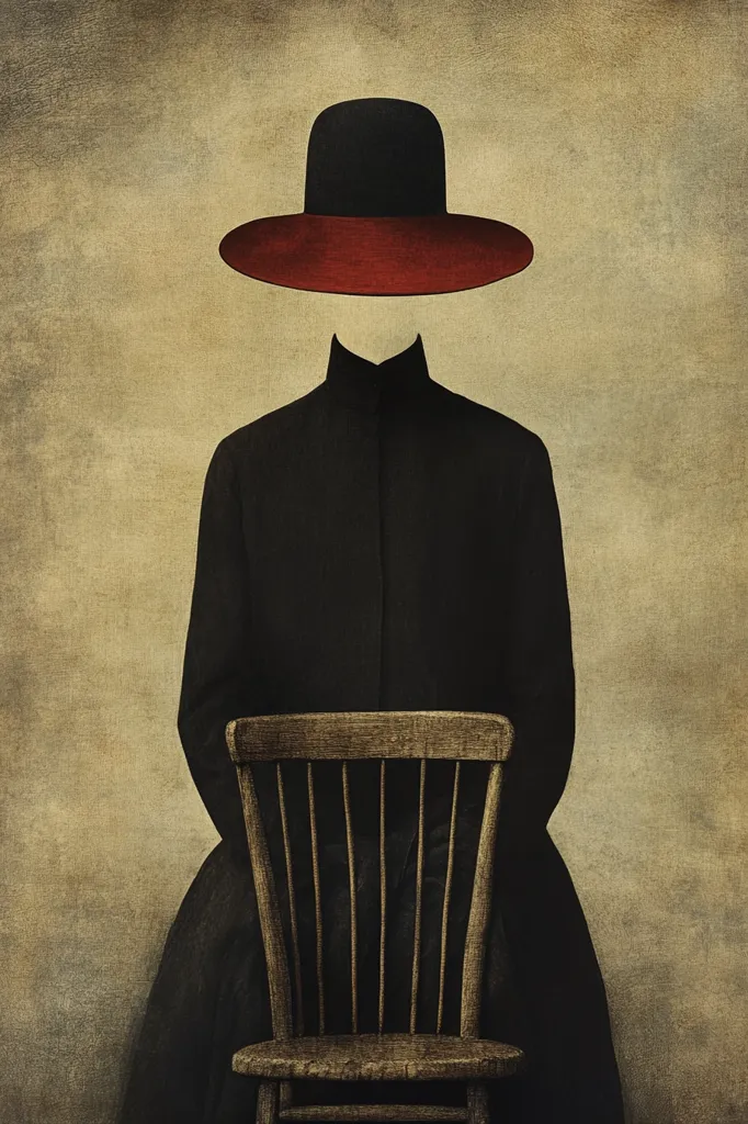 Here's a description of the image:

The artwork presents a surrealistic portrait of a faceless figure, clad in a dark, long-sleeved dress.  A wide-brimmed hat, black with a vibrant red band, sits atop the unseen head, obscuring the face completely.  The figure sits demurely in front of a simple, wooden chair, its posture rigid and still. The background is a muted, textured canvas of earth tones, adding to the overall somber and enigmatic atmosphere. The style evokes a sense of mystery and quiet contemplation.