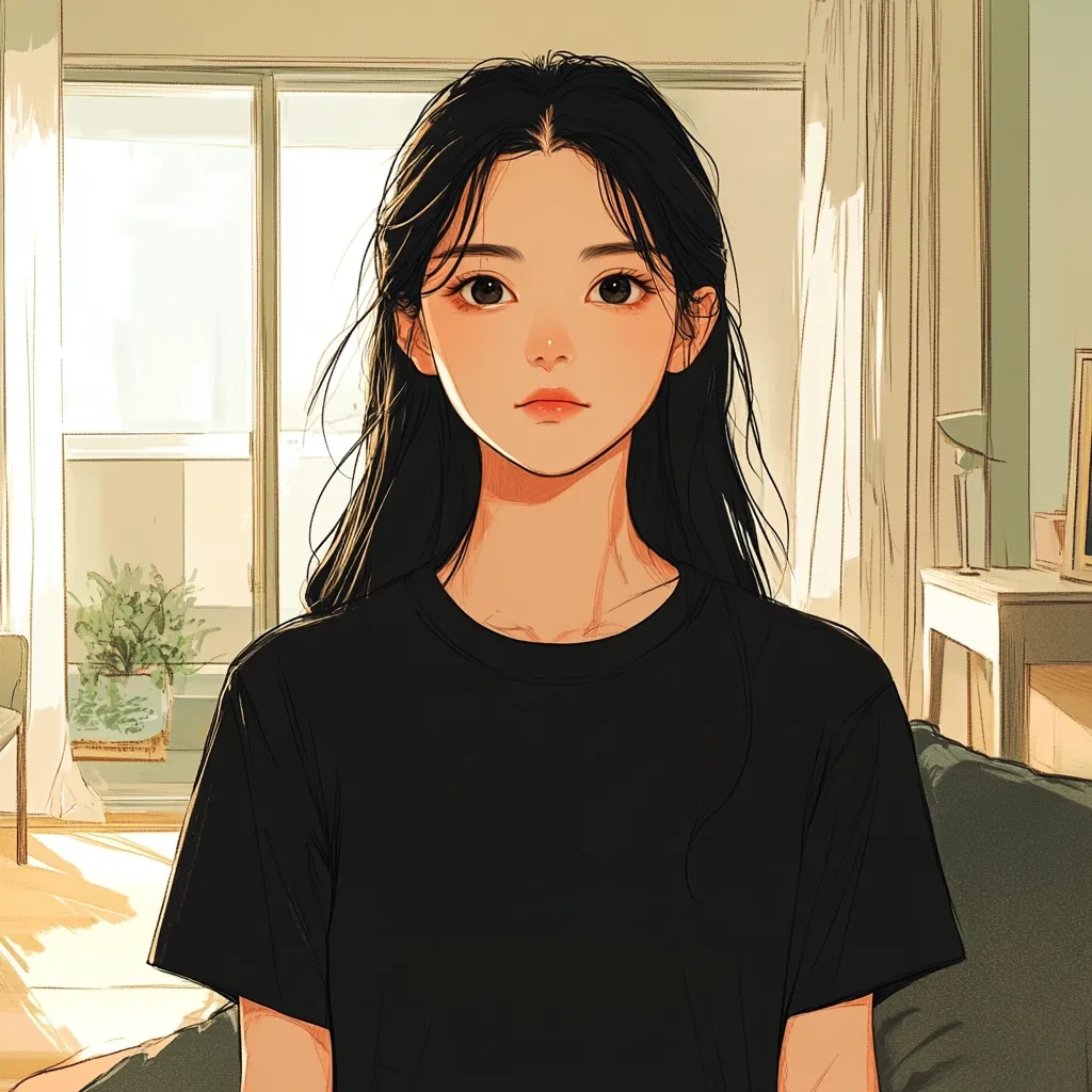 The illustration depicts a young woman with long, dark hair, wearing a simple black t-shirt.  Her expression is serene and slightly pensive. She's positioned in a sunlit room, suggesting a calm and peaceful atmosphere.  The style is reminiscent of contemporary digital art with soft lines and muted colors, creating a gentle, almost ethereal quality.  The background includes a window, a plant, and glimpses of furniture, adding depth to the scene.