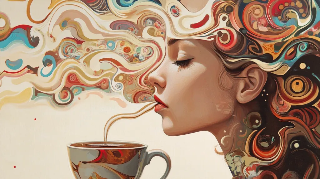 The artwork depicts a woman's profile, her eyes closed in a serene expression. Her hair is a swirling mass of abstract, colorful forms, reminiscent of smoke or flowing paint, in shades of beige, brown, teal, and red.  Steam, stylized in a similar abstract manner, rises from a patterned teacup she is drinking from, seamlessly merging with her hair and implying a connection between her inner thoughts and the drink. The overall style is surreal and dreamlike, with a focus on fluid lines and vibrant colors.