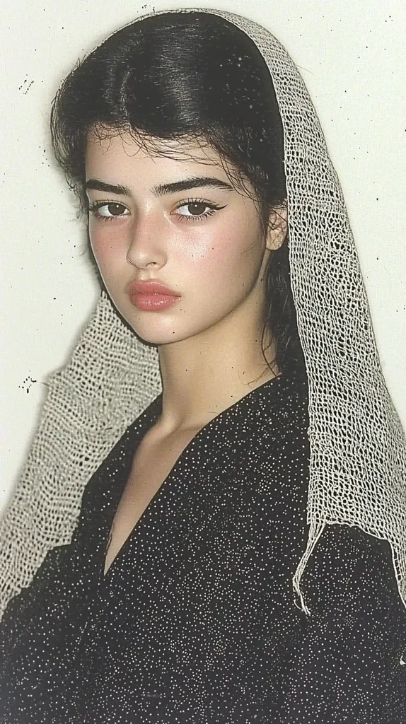 Here's a description of the image:

Close-up portrait of a young woman with dark, styled hair partially covered by a delicate, off-white crocheted veil or shawl. Her makeup is subtly applied, enhancing her features, which include dark, expressive eyes and full lips.  She's wearing a dark, possibly black, speckled or textured top. The overall aesthetic is soft, romantic, and slightly vintage, possibly reminiscent of 1990s fashion photography. The background is a plain, off-white, contributing to the focus on the subject. The image has a slightly grainy or film-like quality.