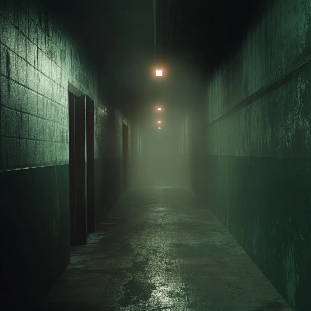 A long, dimly lit hallway stretches into the distance, shrouded in an eerie green fog.  The walls are aged and worn, a combination of damp-looking concrete blocks and dark panelling.  Sparse, yellowish ceiling lights cast weak illumination, barely piercing the mist.  Doors line the corridor, adding to its mysterious and slightly unsettling atmosphere. The floor is damp and reflective, enhancing the overall sense of gloom. The image evokes feelings of isolation and suspense.