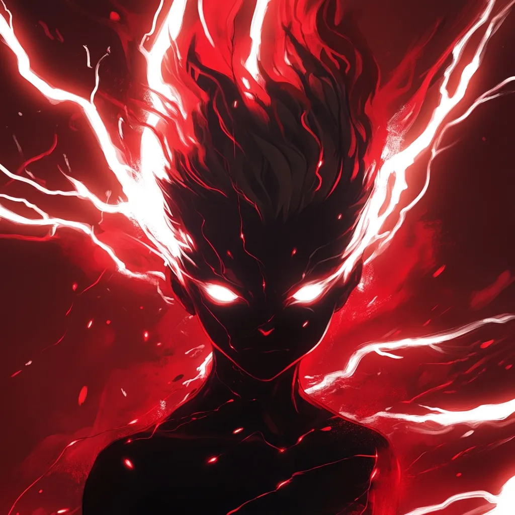 The image depicts a stylized anime-like character, possibly a young person, engulfed in a fiery, red aura.  White energy, resembling lightning, radiates from their head and body, intensifying the dramatic effect.  The character's face is shadowed, with glowing red eyes adding to their menacing appearance. The overall tone is dark, intense, and powerful, suggesting a scene of unleashed energy or supernatural ability. The red and white color scheme creates a visually striking contrast.