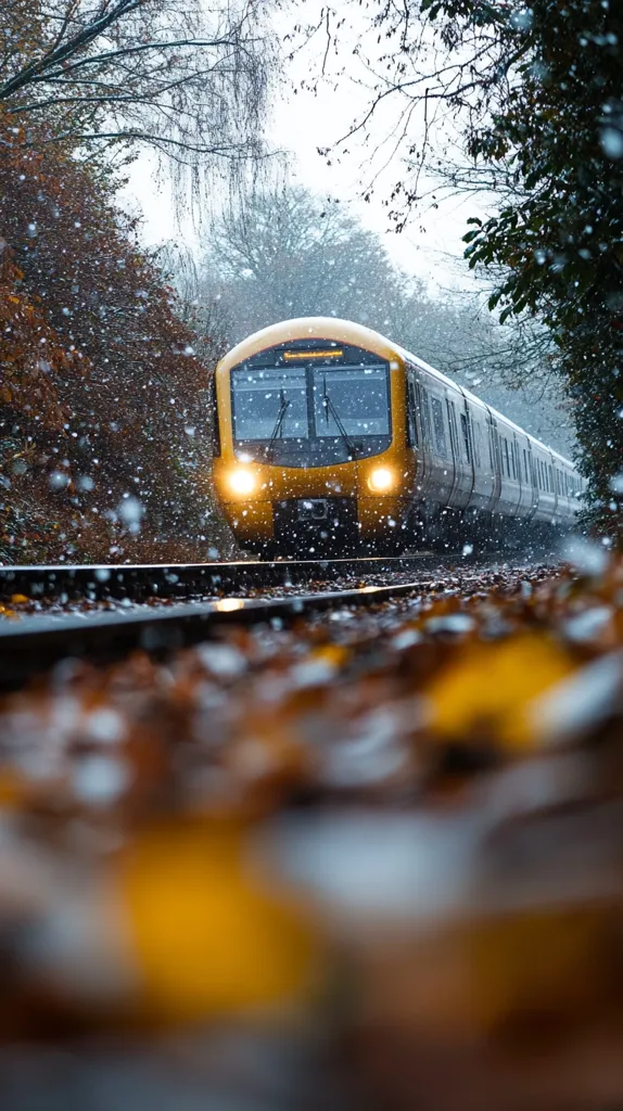 A yellow and grey passenger train speeds through a snowy woodland scene.  Snowflakes fall around the train, which is the focal point of the image. The foreground is blurred, showing a carpet of fallen autumn leaves on the ground. Bare, snow-dusted trees line the railway tracks, creating a wintry atmosphere. The overall mood is serene yet dynamic, capturing the contrast between the movement of the train and the stillness of the winter landscape.