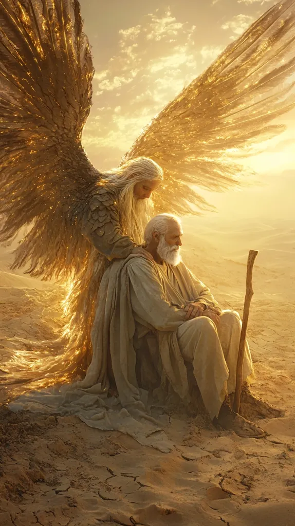 A celestial being, with large, luminous golden wings, sits beside an elderly man in a desert landscape. The angel, draped in flowing, textured fabric, rests a comforting hand on the man's shoulder.  The man, wearing simple robes and holding a staff, appears weary yet serene. The warm, golden light of the setting sun bathes the scene, creating a spiritual and poignant atmosphere. The cracked earth suggests a desolate but peaceful environment.