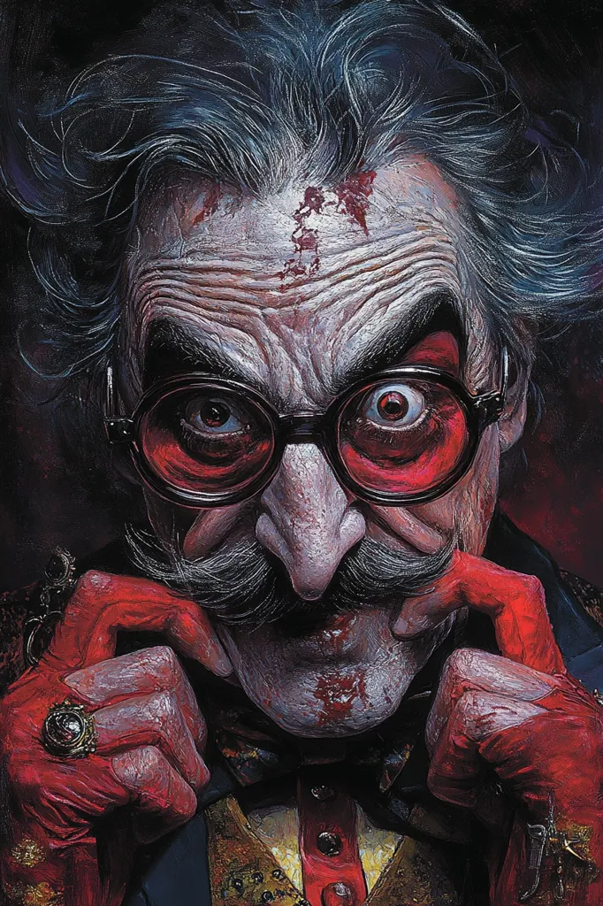 Here's a description of the image:

The painting is a close-up portrait of an elderly man with wild, graying hair. He wears thick, dark-rimmed glasses with reddish lenses, and a large, dark mustache. His face is heavily lined and shows signs of injury; splotches of what appears to be blood are visible on his forehead and chin. He's dressed in what looks like a dark, ornate vest, and his hands, covered in red gloves, are clasped near his mouth in a thoughtful or perhaps sinister pose. The overall style is dark and dramatic, with a painterly texture that emphasizes the subject's age and possibly violent nature. The color palette is predominantly dark, with splashes of red accenting the blood and gloves.